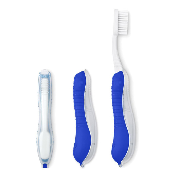 Three toothbrushes are displayed, featuring blue grips and white bristles. One has a clear cover.