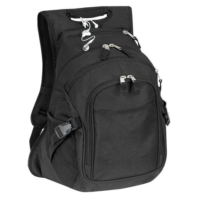 A black deluxe computer backpack with multiple zippered compartments and adjustable straps. Features a logo.
