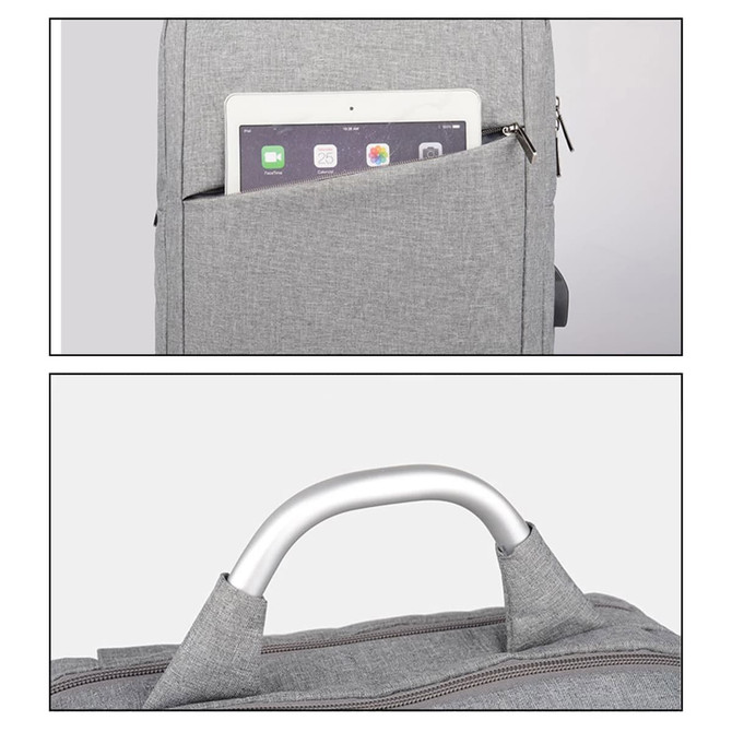 A grey laptop backpack with a tablet in the front pocket and a handle at the top. It features a logo.