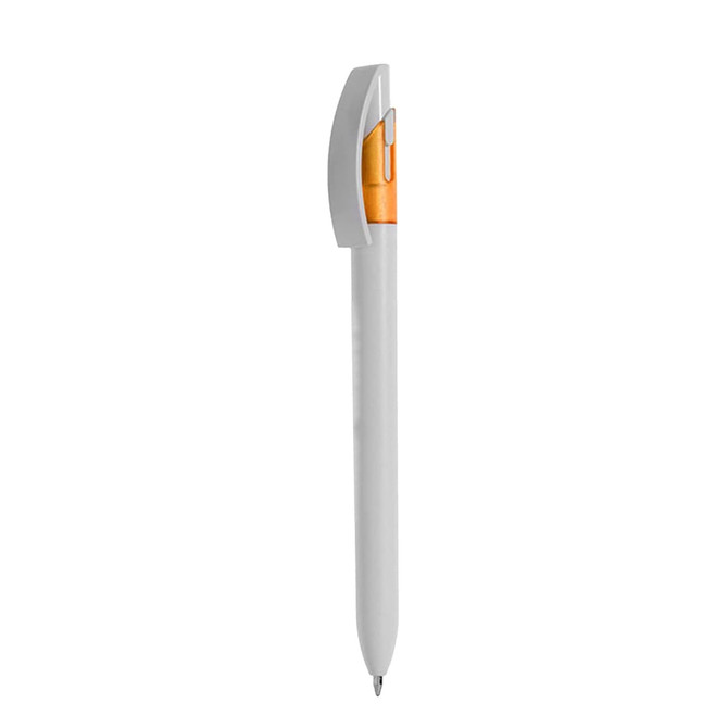 A plastic pen in white with an orange accent and a clip. It features a logo on the body.