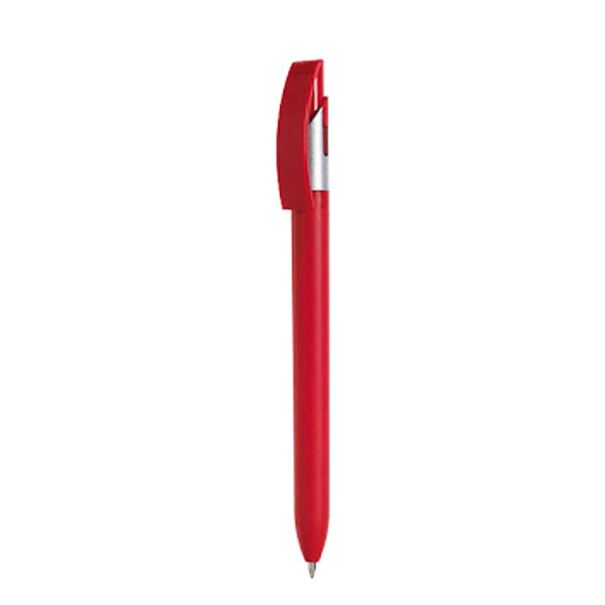 A red plastic pen with a sleek design and a clip, featuring a branding logo.
