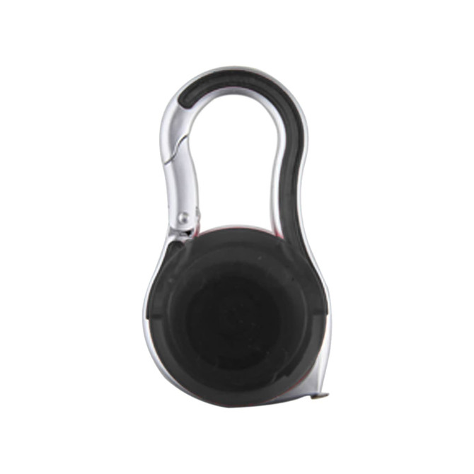 A carabiner-style tape measure featuring a black casing and a silver clip for easy attachment.