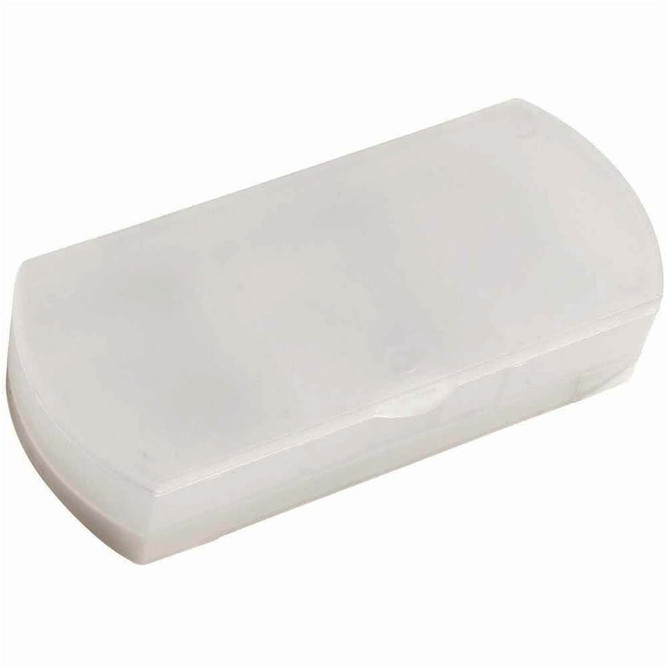 A travel pill box in a translucent white colour, featuring a simple, rounded design and a logo.