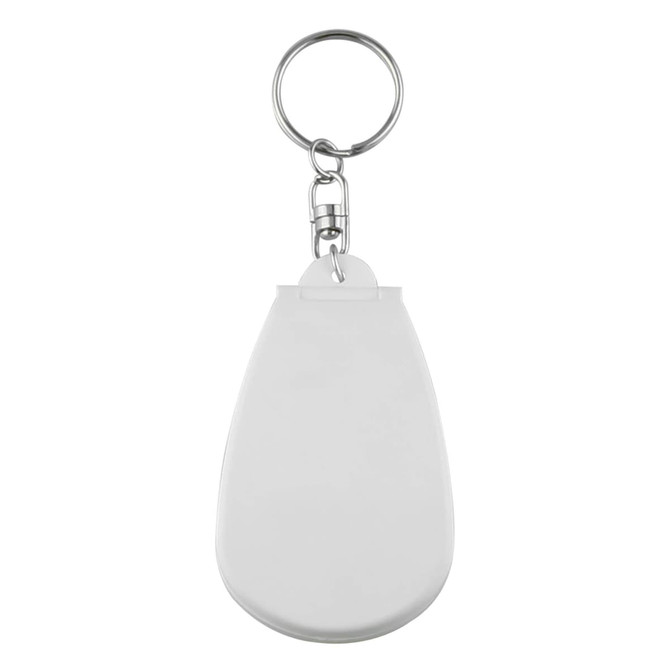 A white pill cutter with a keyring attachment, featuring a smooth, rounded design.