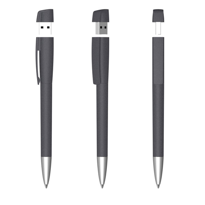 A USB pen in black with a soft grip, featuring a retractable design and a silver clip.