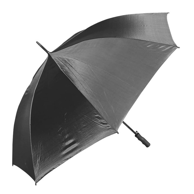 A black golf umbrella with a sleek design and a handle, featuring a logo on the shaft.