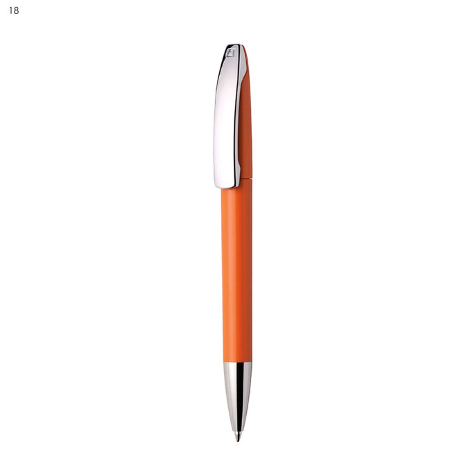 An orange plastic pen with a silver clip and a sleek design. The pen has a logo on it.