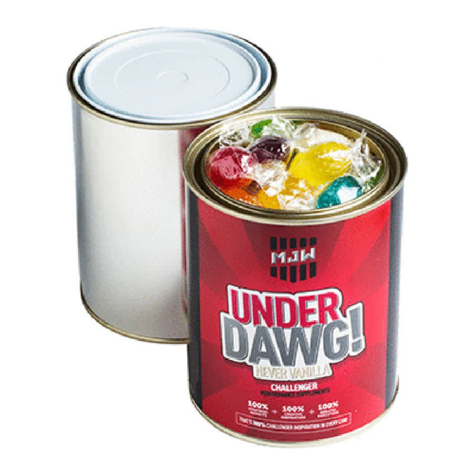 A paint tin filled with colourful boiled lollies, featuring a red and silver design with a lid on top.