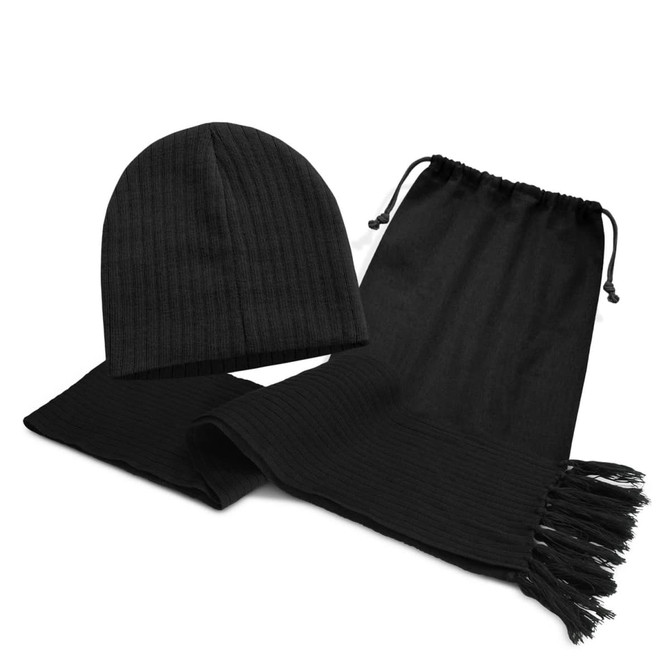 A black beanie with ribbed texture alongside a matching black scarf with fringed edges. The set includes a logo.