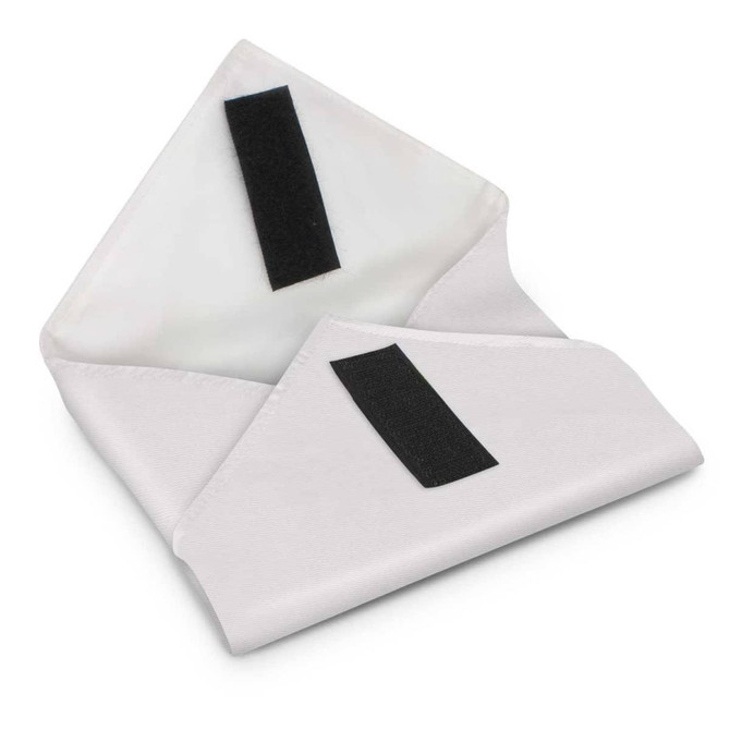 A reusable food wrap is displayed, featuring a white fabric design with black velcro closures.