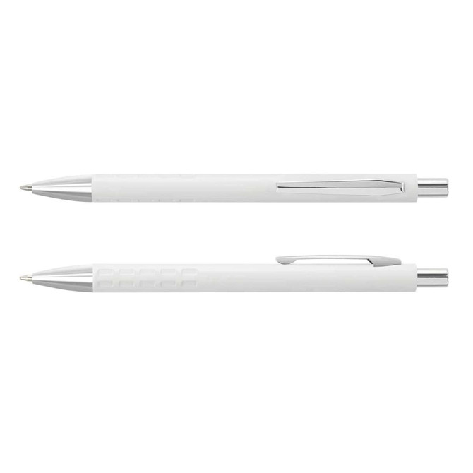 A set of white metal pens, featuring a sleek design with chrome accents and one with textured grip.
