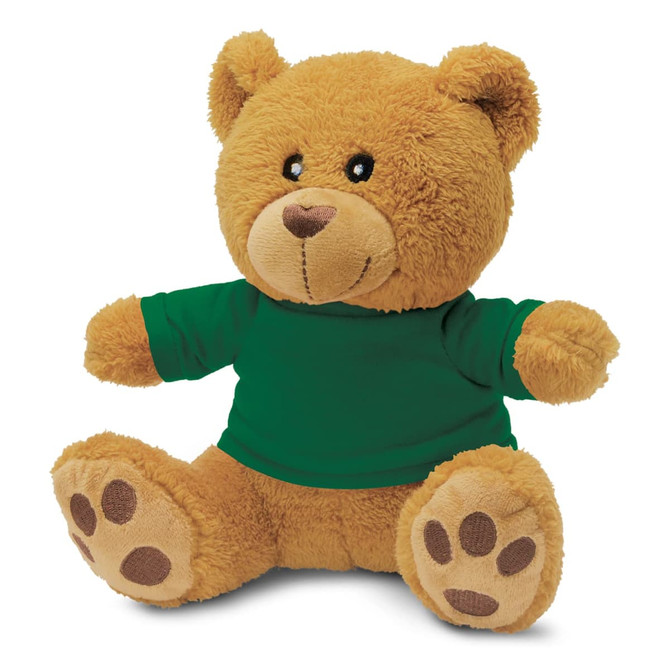 A brown teddy bear plush toy wearing a green shirt, featuring a soft texture and paw print details.