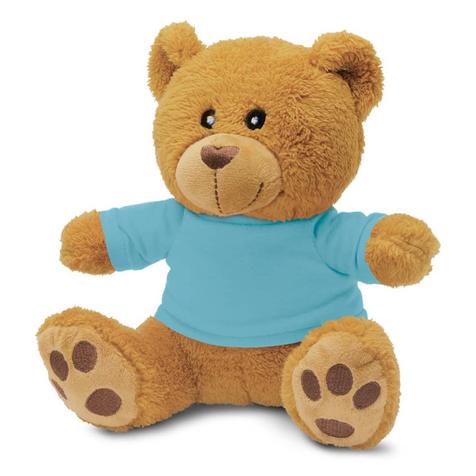 A plush teddy bear toy in brown, wearing a light blue shirt, with brown paw prints and a friendly expression.