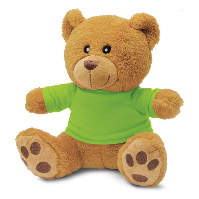 A plush teddy bear toy with a light brown body and a bright green shirt, featuring a smiling face and soft paws.