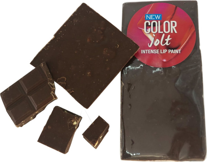 A milk chocolate bar with several broken pieces, featuring a logo and packaging in vibrant colours.