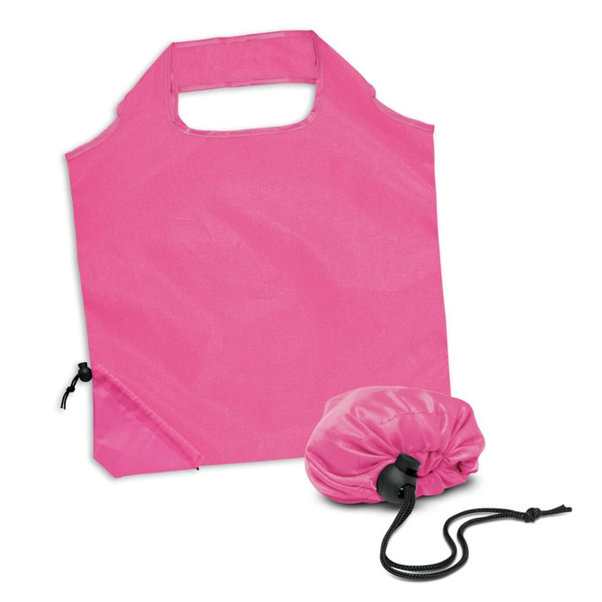 A pink reusable grocery bag that folds into a small pouch for easy storage. It includes a drawstring closure.