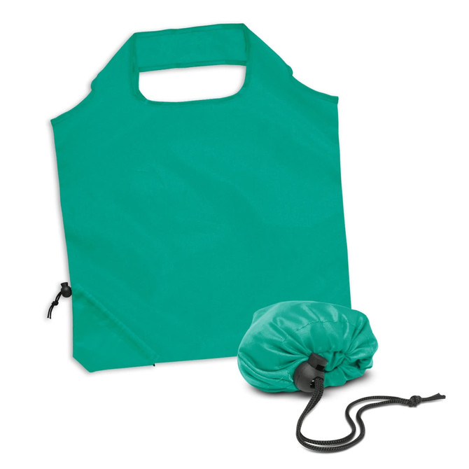 A teal reusable grocery bag, featuring a drawstring pouch for easy storage, with a simple handle design.