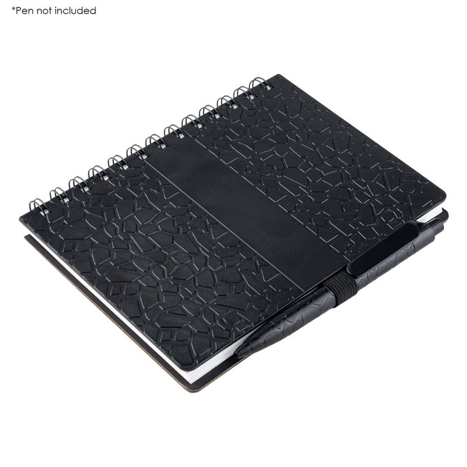 A black notebook with a textured cover, spiral binding, and a pen holder. Pen not included.