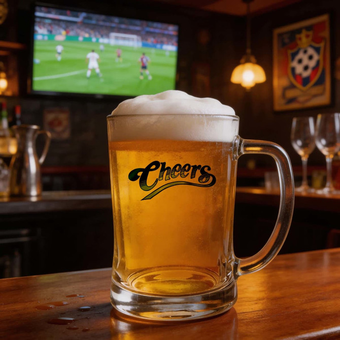 A glass beer mug with a handle, filled with golden beer and topped with frothy white foam, featuring a logo.
