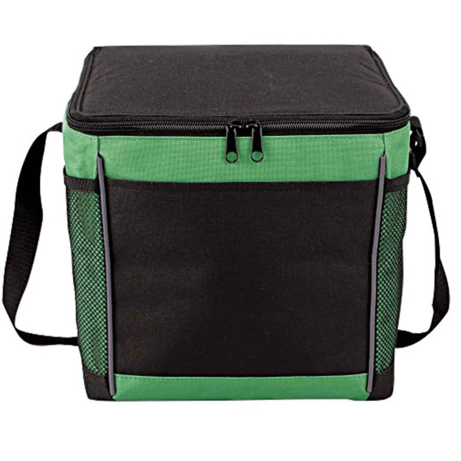 A black and green cooler bag with a zippered top and side mesh pockets. It features a shoulder strap and a logo.