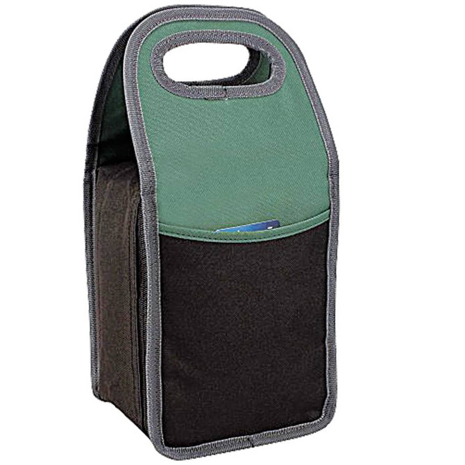 A green and black lunch bag with a handle and a front pocket, featuring a logo.