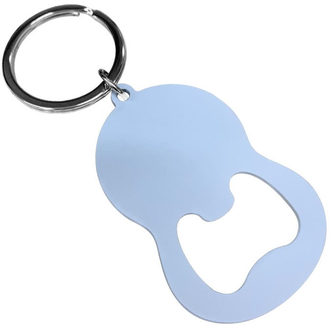 A bottle opener keychain in light blue, featuring a simple design with a circular attachment.