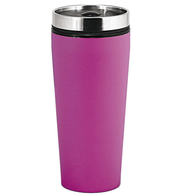 A travel mug in vibrant pink with a stainless steel lid and a sleek design, featuring a logo.