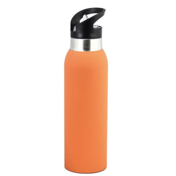 A drink bottle in bright orange with a stainless steel top and a black lid, featuring a logo.
