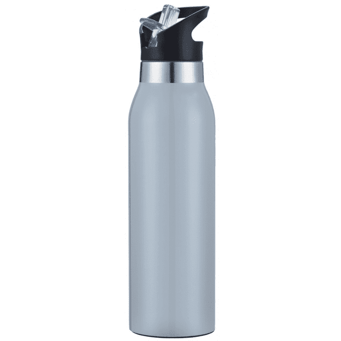 A drink bottle in silver with a black lid and a spout. It has a sleek, modern design and features a logo.