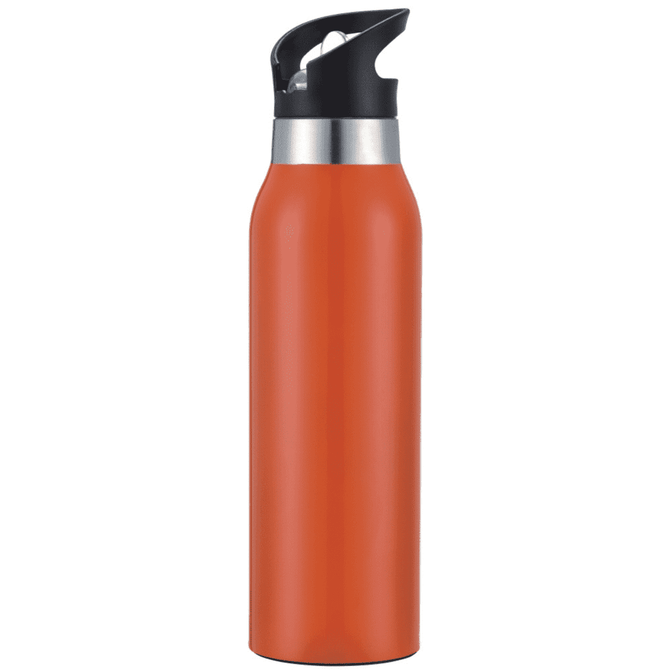 A drink bottle in vibrant orange with a black and silver lid, featuring a branding logo.