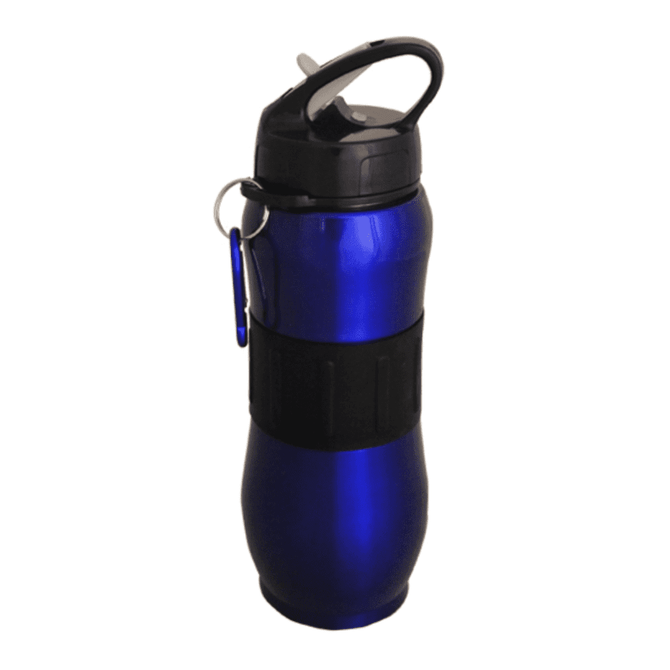 A drink bottle in a shiny blue finish with a black grip and a carabiner attached. It features a flip-top lid and a logo.