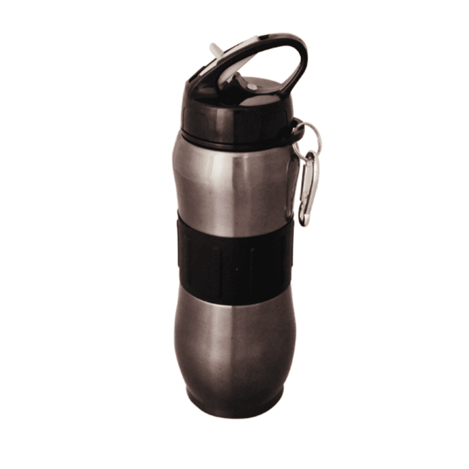 A drink bottle in metallic silver with a black grip and a black lid, featuring a carabiner clip.