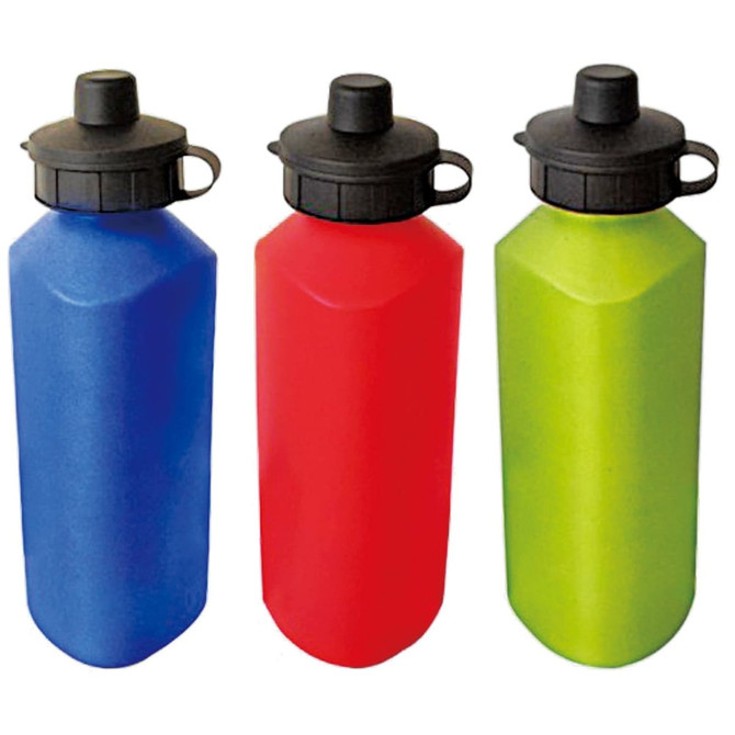 A drink bottle set featuring blue, red, and green bottles with black caps and a logo on each.