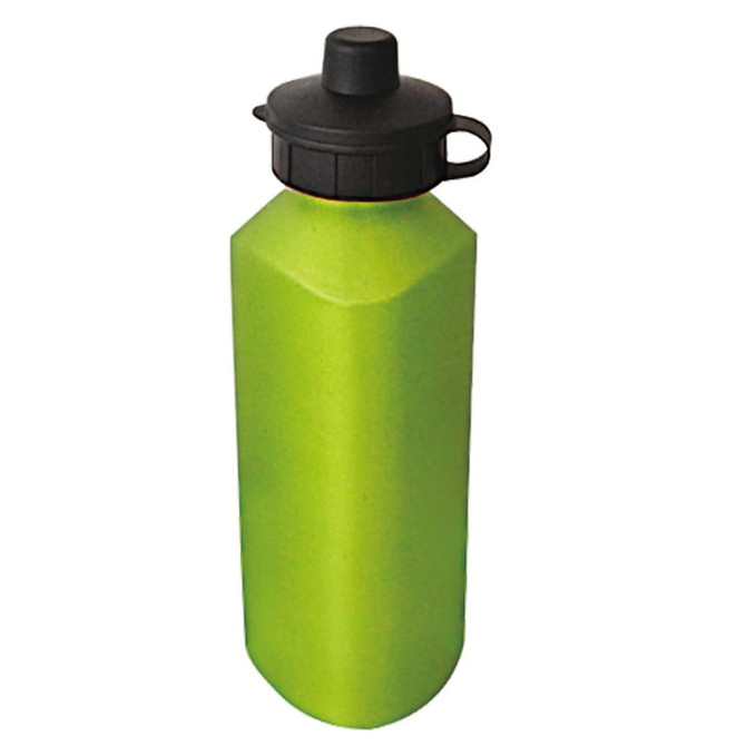 A drink bottle in bright green with a black lid and an attached loop for easy carrying.