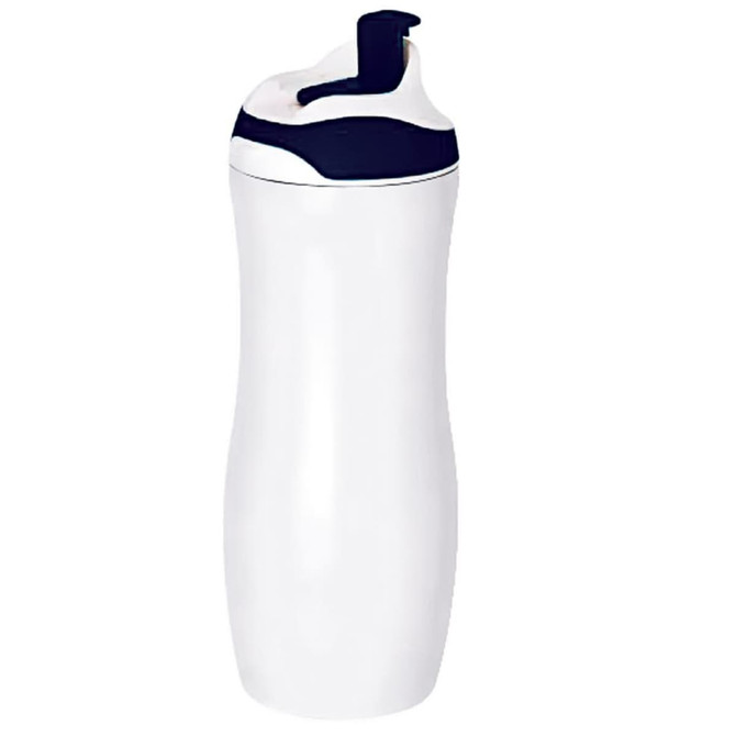 A drink bottle in white with a navy blue lid and spout, featuring a sleek, curved design and a logo.