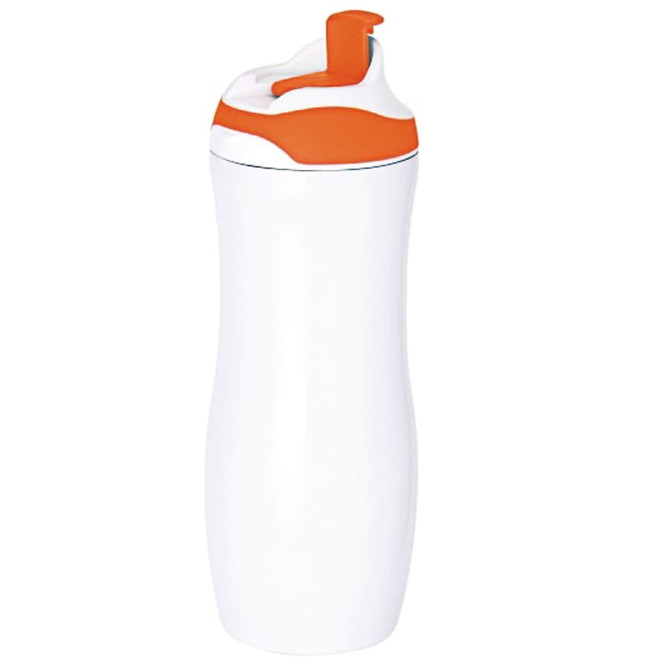 A drink bottle in white with an orange lid and spout, featuring a logo.