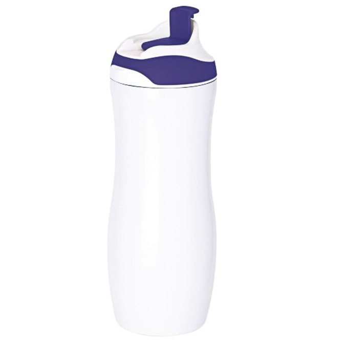 A drink bottle in white with a purple lid and spout. It features a design with a logo.