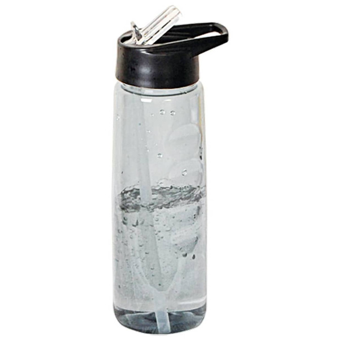 A drink bottle with a clear body and a black cap, featuring a built-in straw.