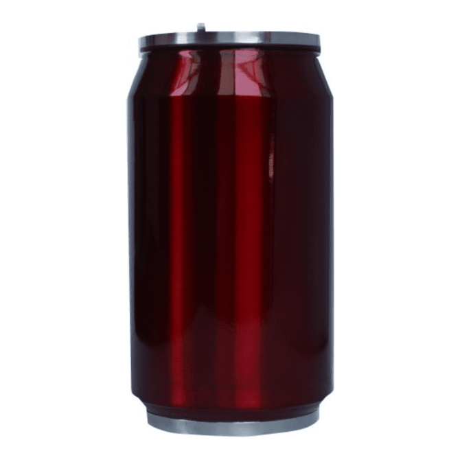 A drink bottle designed to resemble a red soda can, featuring a metallic silver top and a shiny surface.