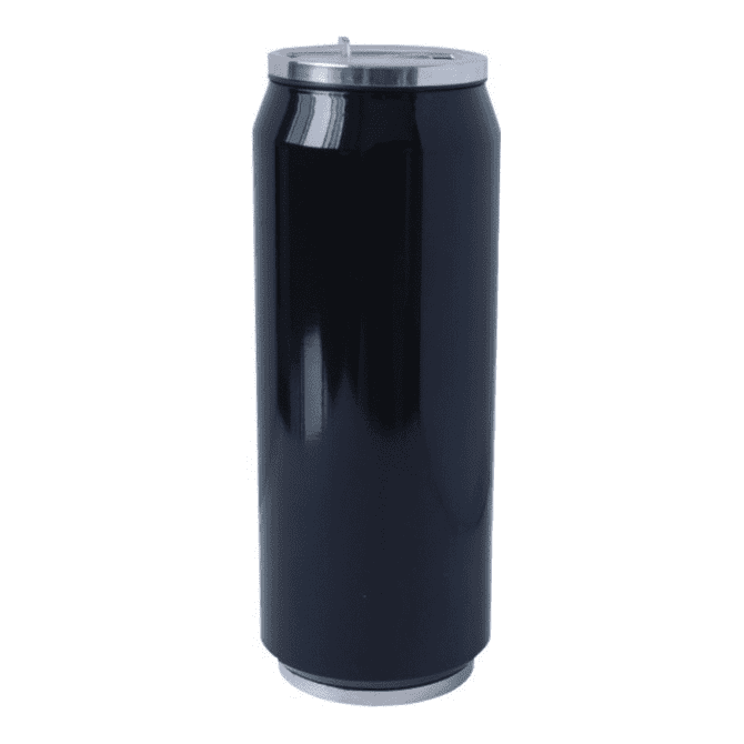 A drink bottle in sleek black with a silver lid and a logo on the front.