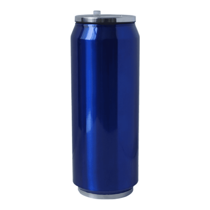 A drink bottle in a shiny blue finish with a silver cap and a logo on the side.