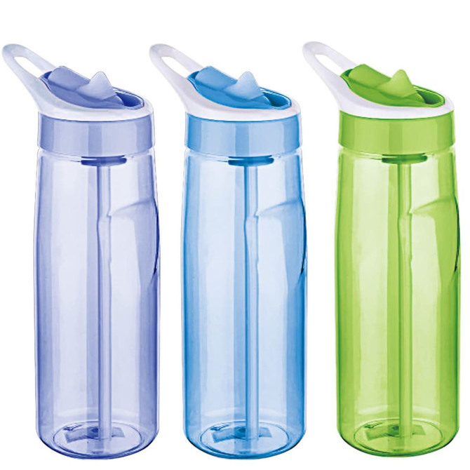 A drink bottle set featuring three colours: purple, blue, and green, each with a flip-top lid and a straw.