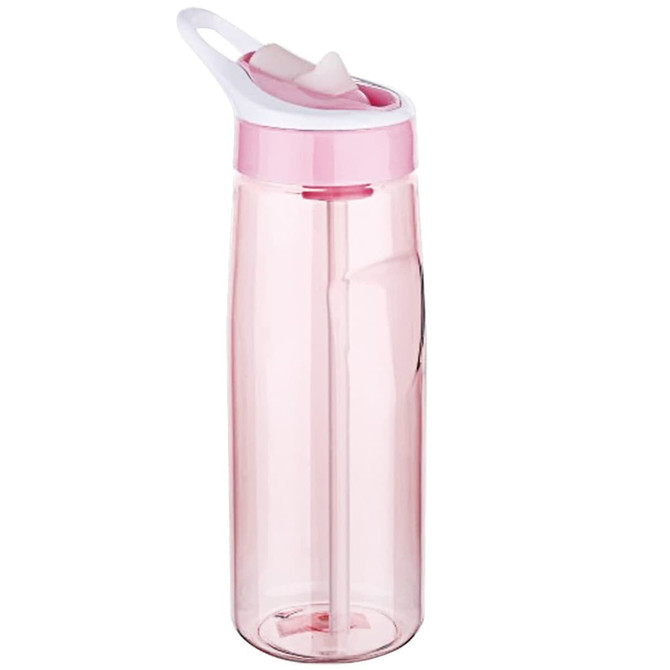 A drink bottle in transparent pink with a white lid and straw, featuring a logo on the side.
