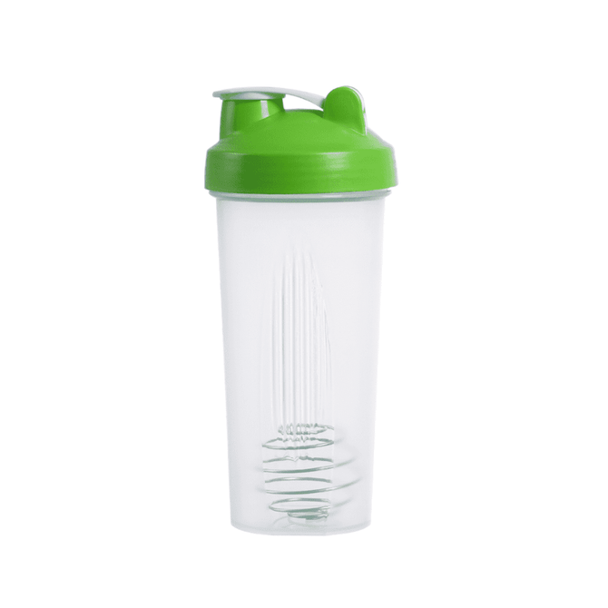 A drink bottle with a clear body and a green lid. It features a mixing ball inside for shaking beverages.