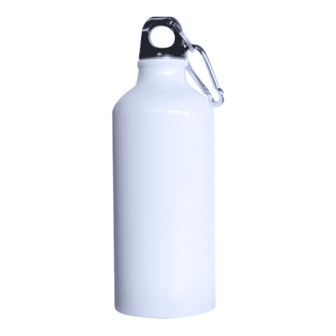 A drink bottle in white with a silver carabiner attached. It features a sleek, cylindrical design.