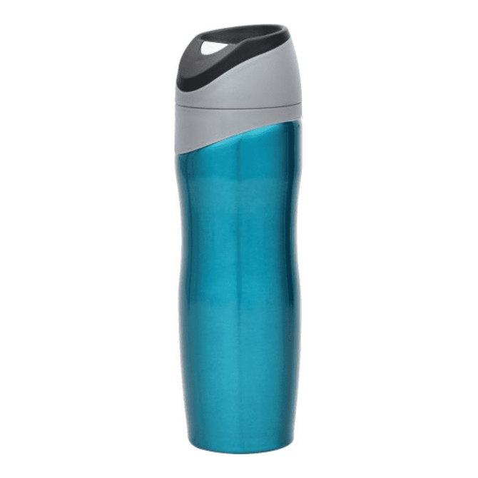 A drink bottle in a sleek blue and grey design, featuring a logo on its surface.