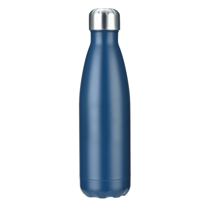 A drink bottle in a deep blue colour with a silver cap and a sleek, streamlined design. It features a logo.