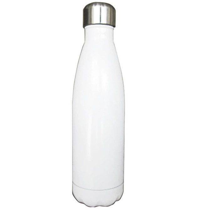 A drink bottle in a sleek white finish with a stainless steel cap and a smooth, curved design.
