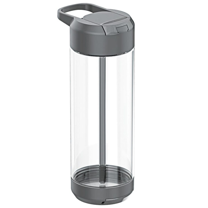 A drink bottle in grey with a transparent chamber and a built-in mixer, featuring a handle at the top.