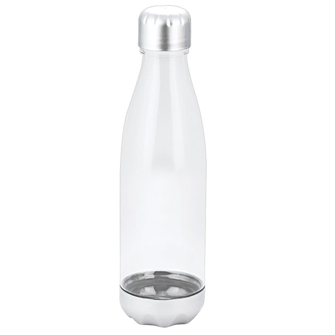 A drink bottle in transparent plastic with a silver metal cap and base. It features a sleek, minimalist design.
